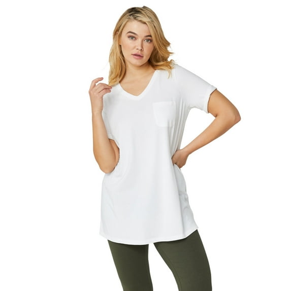 Ellos Plus Size Stretch Knit V-Neck Short Sleeve Chest Pocket Tunic