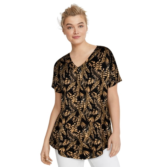 ellos Women's Plus Size V-Neck Tunic With Front Inverted Pleat - 18/20, Black Camel Leaf