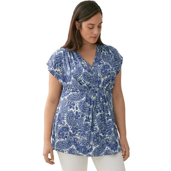 ellos Women's Plus Size V-Neck Tunic With Gathered Bodice - 22/24, White Blue Paisley Print