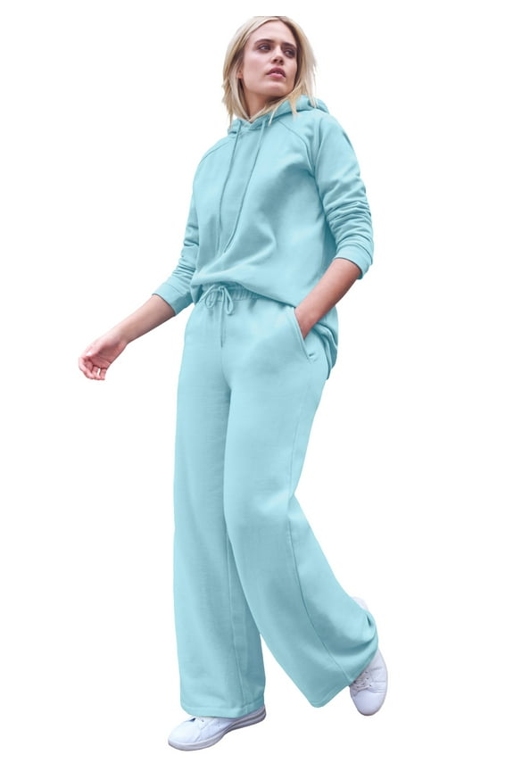 Women's Plus Size Wide Leg Fleece Sweatpant With Drawstring Waist - 22/24, Aqua Sky