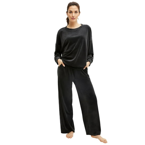 ellos Women's Plus Size Wide Leg Velour Lounge Pants - 10/12, Black