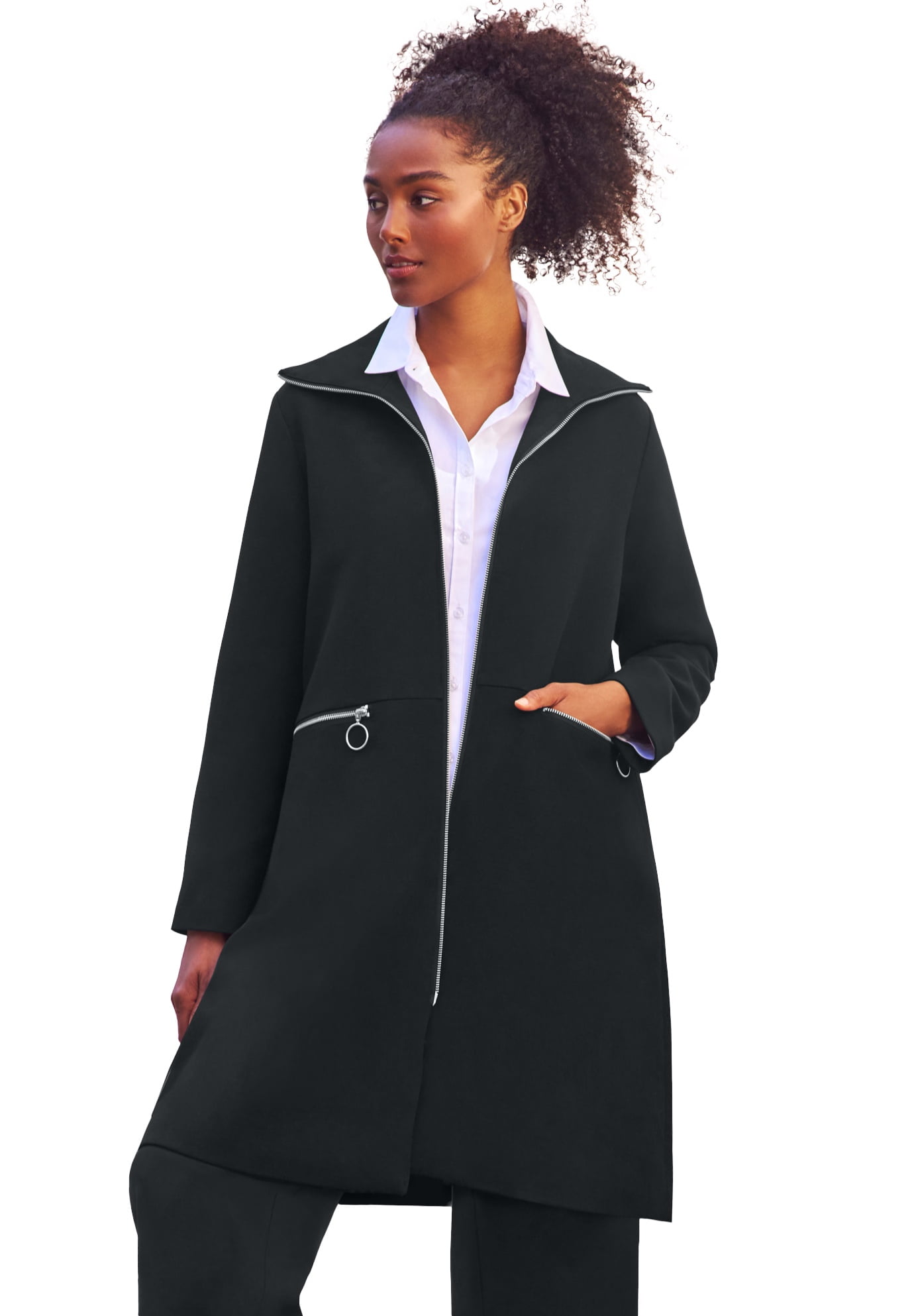 ellos Women s Plus Size Zip Front A Line Coat With Back Inverted Pleat 24 Black Walmart