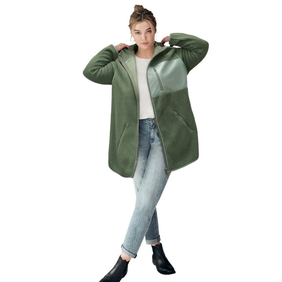 ellos Women's Plus Size Zip Front Hooded Sherpa Jacket
