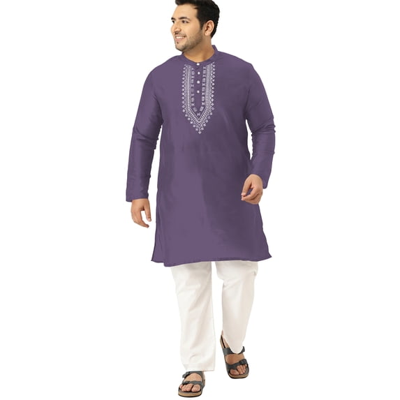 eloria Men's Art Silk Kurta Pajama Indian Traditional Suit Embroidered Casual Anniversary, Wedding, Party Dress Set, Color: Dark Purple, Plus Size: 46