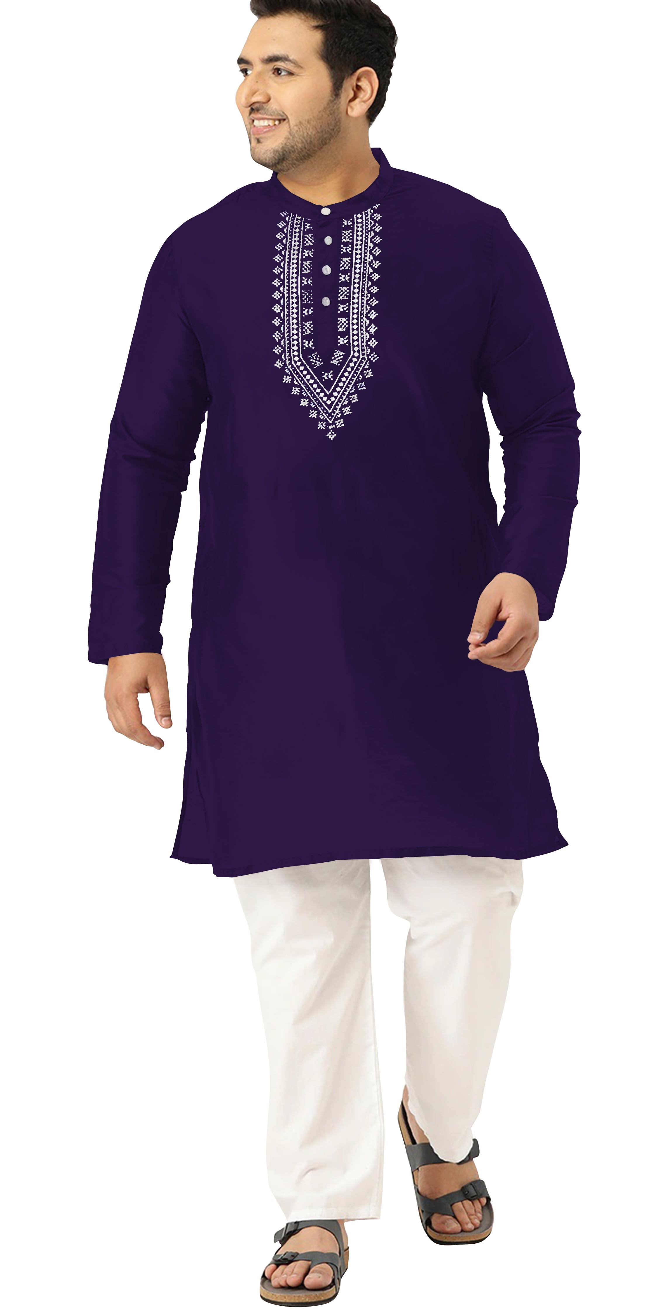 eloria Men s Art Silk Kurta Pajama Indian Traditional Suit Embroidered Casual Anniversary Wedding Party Dress Set Color Dark Violet Plus Size 52