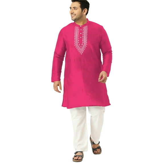 eloria Men's Art Silk Kurta Pajama Indian Traditional Suit Embroidered Casual Anniversary, Wedding, Party Dress Set, Color: Fuscia Pink, Plus Size: 48