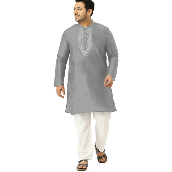 eloria Men's Art Silk Kurta Pajama Indian Traditional Suit Embroidered Casual Anniversary, Wedding, Party Dress Set, Color: Light Grey, Plus Size: 42