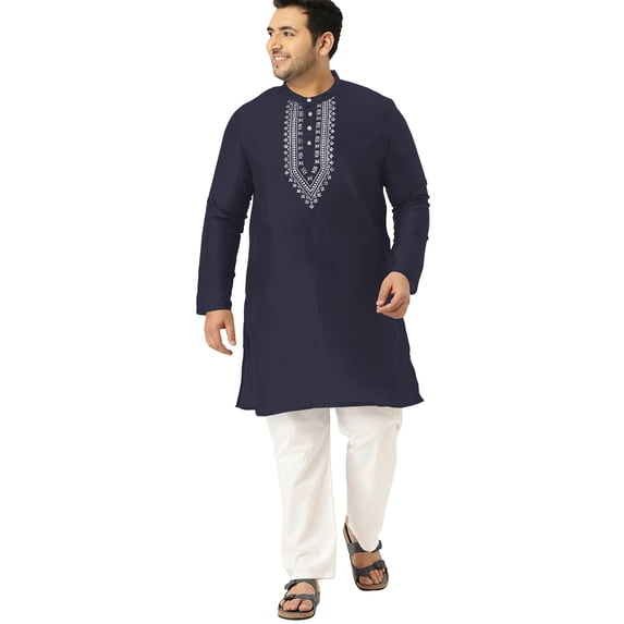 eloria Men's Art Silk Kurta Pajama Indian Traditional Suit Embroidered Casual Anniversary, Wedding, Party Dress Set, Color: Navy Blue, Plus Size: 38
