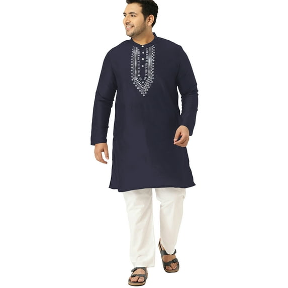 eloria Men's Art Silk Kurta Pajama Indian Traditional Suit Embroidered Casual Anniversary, Wedding, Party Dress Set, Color: Navy Blue, Plus Size: 48