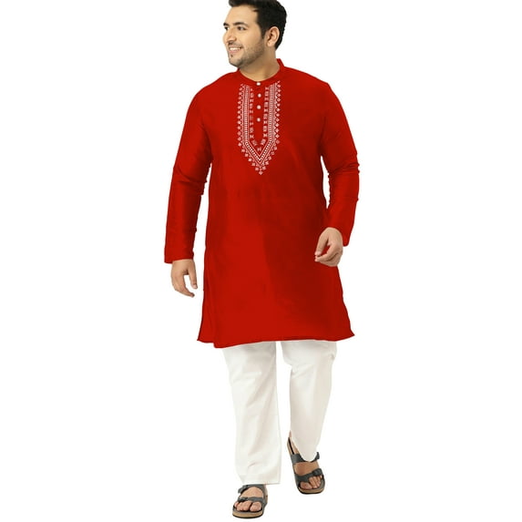 eloria Men's Art Silk Kurta Pajama Indian Traditional Suit Embroidered Casual Anniversary, Wedding, Party Dress Set, Color: Orange, Plus Size: 52