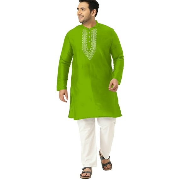 eloria Men's Art Silk Kurta Pajama Indian Traditional Suit Embroidered Casual Anniversary, Wedding, Party Dress Set, Color: Parrot Green, Plus Size: 42