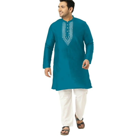 eloria Men's Art Silk Kurta Pajama Indian Traditional Suit Embroidered Casual Anniversary, Wedding, Party Dress Set, Color: Sea Green, Plus Size: 40