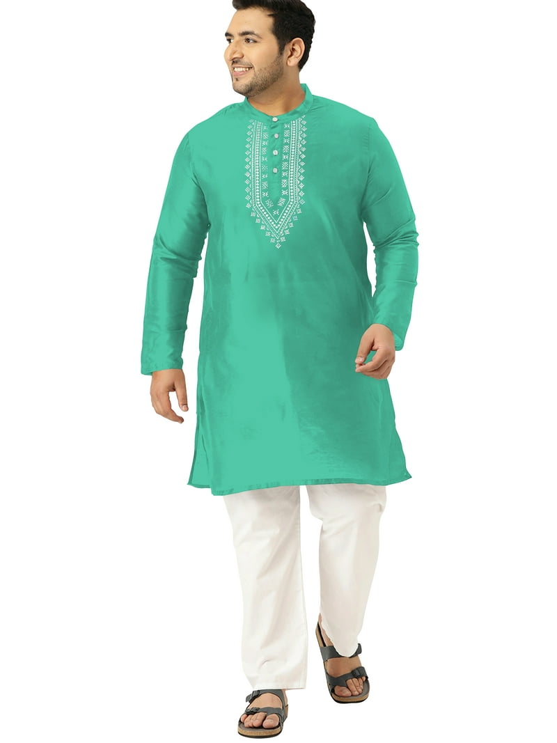 eloria Men's Art Silk Kurta Pajama Indian Traditional Suit Embroidered  Casual Anniversary, Wedding, Party Dress Set, Color: Sea Green1, Plus Size:  40