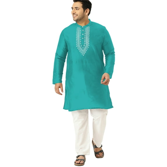 eloria Men's Art Silk Kurta Pajama Indian Traditional Suit Embroidered Casual Anniversary, Wedding, Party Dress Set, Color: Turquoise, Plus Size: 52