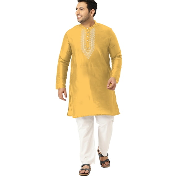 eloria Men's Art Silk Kurta Pajama Indian Traditional Suit Embroidered Casual Anniversary, Wedding, Party Dress Set, Color: Yellow1, Plus Size: 36