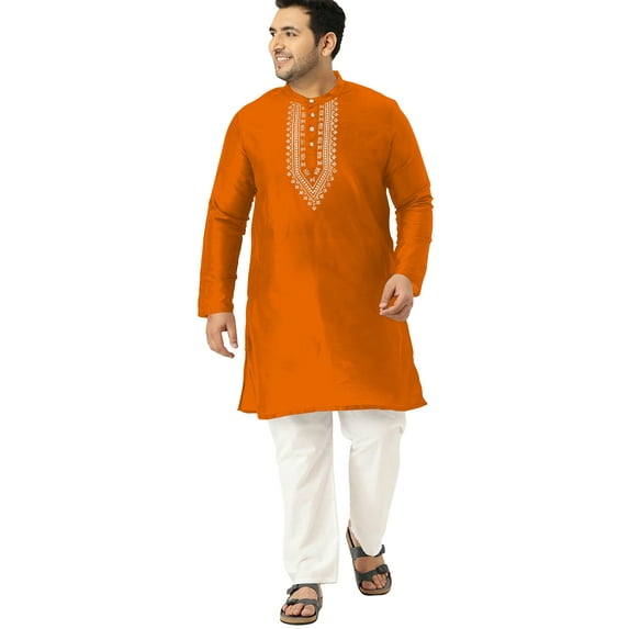 eloria Men's Art Silk Kurta Pajama Indian Traditional Suit Embroidered Casual Anniversary, Wedding, Party Dress Set, Color: Yellow3, Plus Size: 46