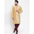 thumbnail image 1 of eloria Men's Indian Traditional Silk Blend Solid Gold-Toned Kurta With Churidar Pyjama, 1 of 7
