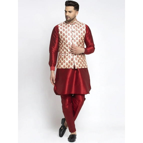 eloria Men's Traditional Maroon Solid Silk Blend Kurta with Pyjama And Nehru Jacket