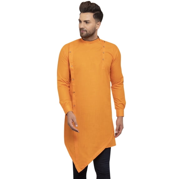 eloria Men's Traditional Orange Cold-Shoulder Sleeves Asymmetric Kurta