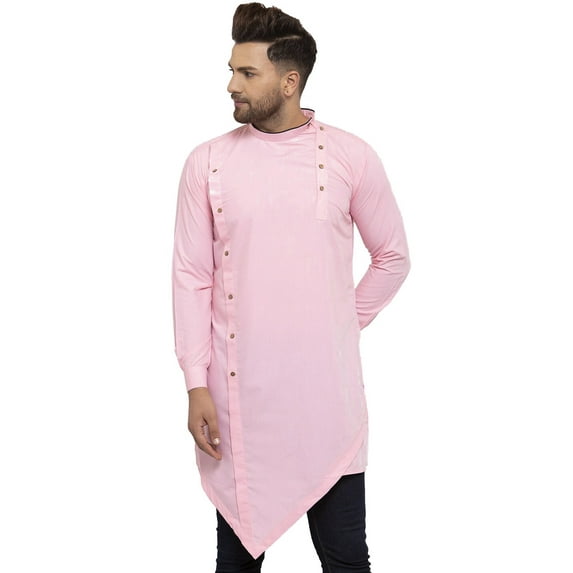 eloria Men's Traditional Pink Cold-Shoulder Sleeves Asymmetric Kurta