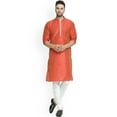 thumbnail image 1 of eloria Men's Traditional Silk Blend Solid Orange Kurta With White Churidar Pyjama, 1 of 7