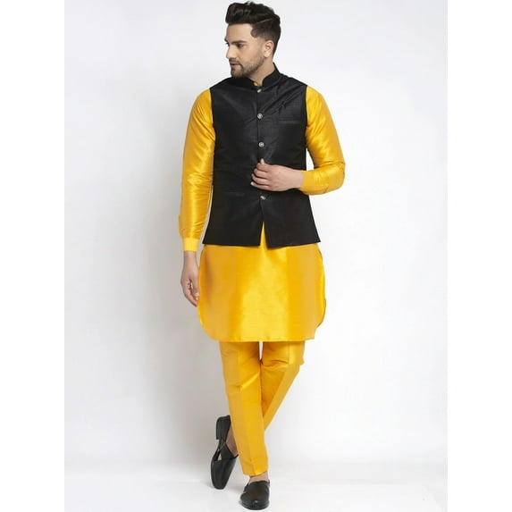 eloria Men's Traditional Yellow Solid Silk Blend Kurta with Pyjama And Nehru Jacket