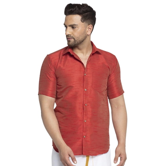 eloria Mens Traditional Maroon Striped Party Shirt with Mundu Vesty Style Dhoti