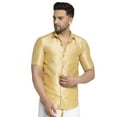 thumbnail image 1 of eloria Mens Traditional Yellow Gold Striped Party Shirt with Mundu Vesty Style Dhoti, 1 of 5