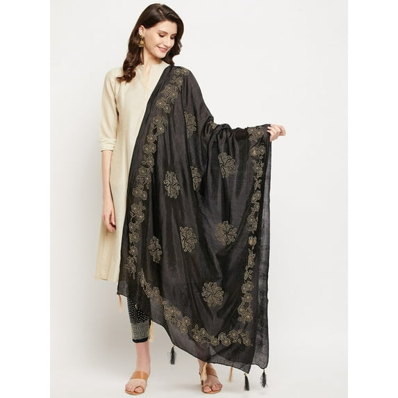 eloria Woman's Indian Ethnic Chunni, Silk Blend Floral Black Dupatta, Stole, Scarf Shawl Wrap