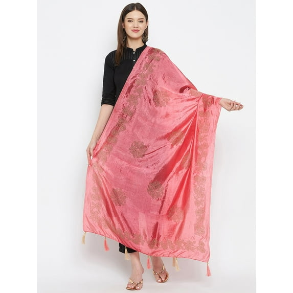 eloria Woman's Indian Ethnic Chunni, Silk Blend Floral Pink-1 Dupatta, Stole, Scarf Shawl Wrap