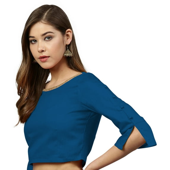 eloria Women Boatneck Saree Blouse 3/4 Sleeves Summer Casual Sari Top Color : Blue 2, SIZE : 32