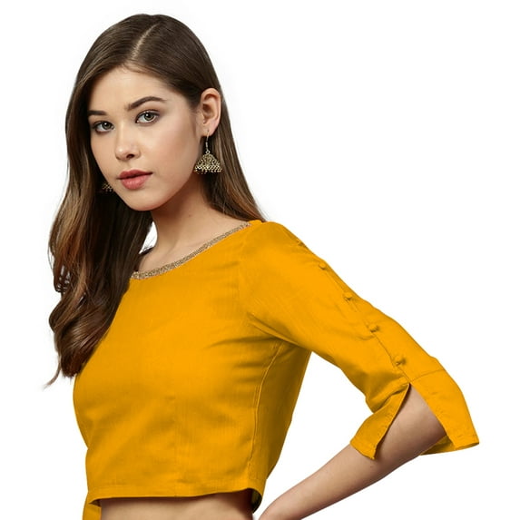 eloria Women Boatneck Saree Blouse 3/4 Sleeves Summer Casual Sari Top Color : Yellow 2, SIZE : 40