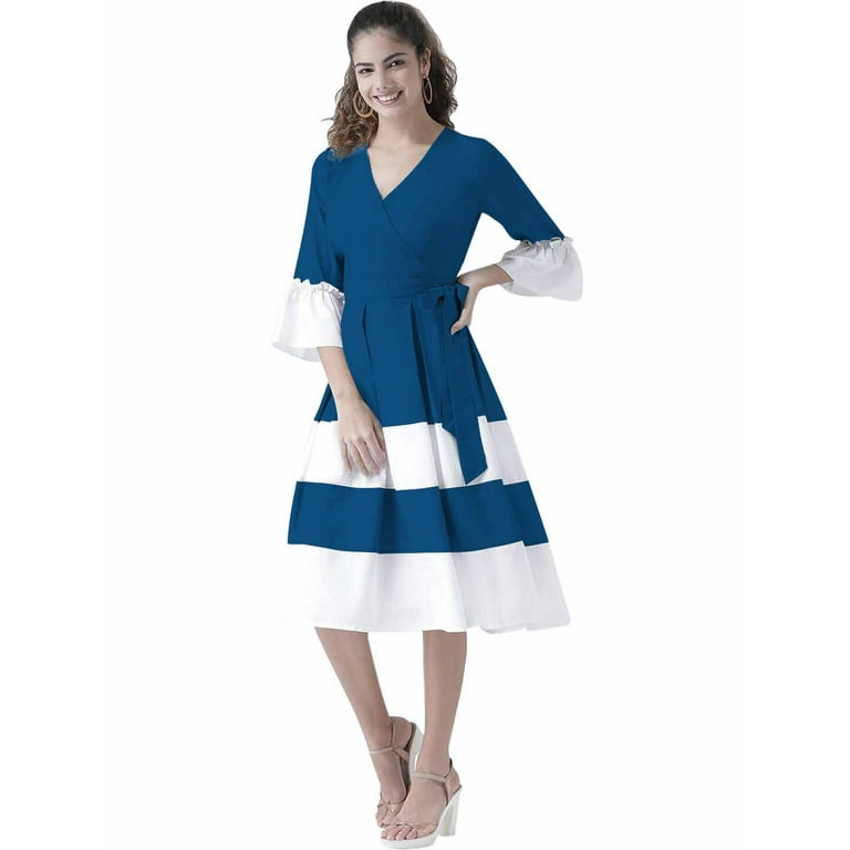 eloria Women Box Plated Fit and Flare Dress Party Wear Causal Midi Dress Knee Long One Piece Dress Color Blue 2 Size L Walmart