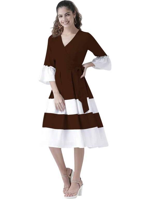 eloria Women Box Plated Fit and Flare Dress Party Wear Causal Midi Dress Knee Long One Piece Dress, Color: Dark Brown, Size: 3XL