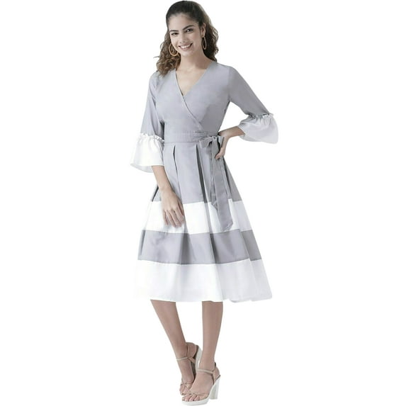 eloria Women Box Plated Fit and Flare Dress Party Wear Causal Midi Dress Knee Long One Piece Dress, Color: Light Grey 2, Size: L