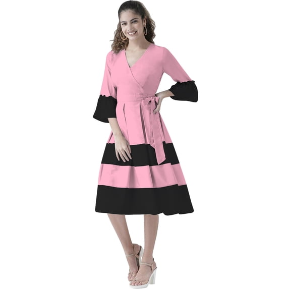 eloria Women Causal Midi Dress Party Wear Knee Long One Piece Dress Box Plated Fit and Flare Dress, Color: Baby Pink, Size: S