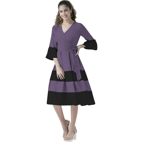 eloria Women Causal Midi Dress Party Wear Knee Long One Piece Dress Box Plated Fit and Flare Dress, Color: Purle, Size: XL