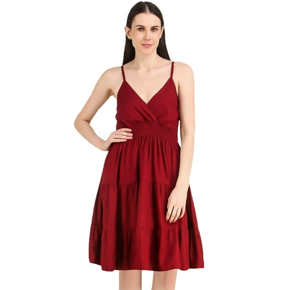 eloria Women Fashion A-Line Knee Length Western Solid Midi Dress Party Wear, Fabric: Rayon, Color: Maroon, Size: L