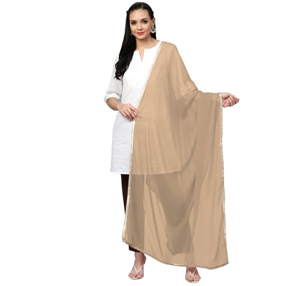 eloria Women Georgette Dupatta With Lace Shawl Wrap Neck Scarves, Color : Beige