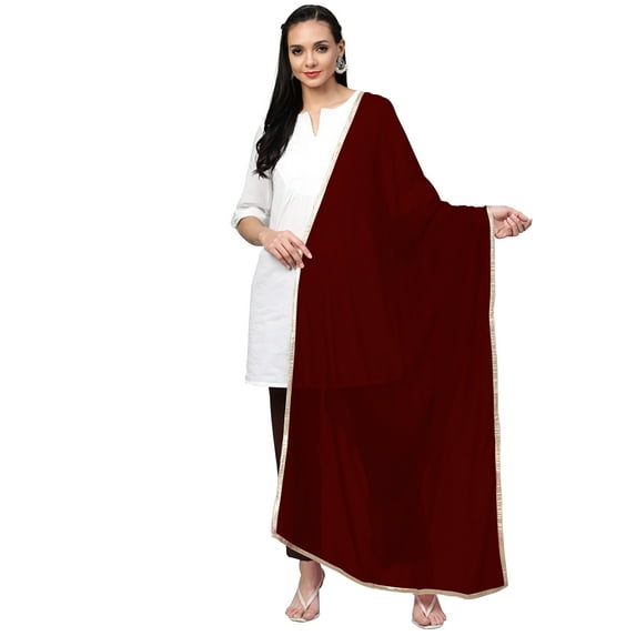 eloria Women Georgette Dupatta With Lace Shawl Wrap Neck Scarves, Color : Marron