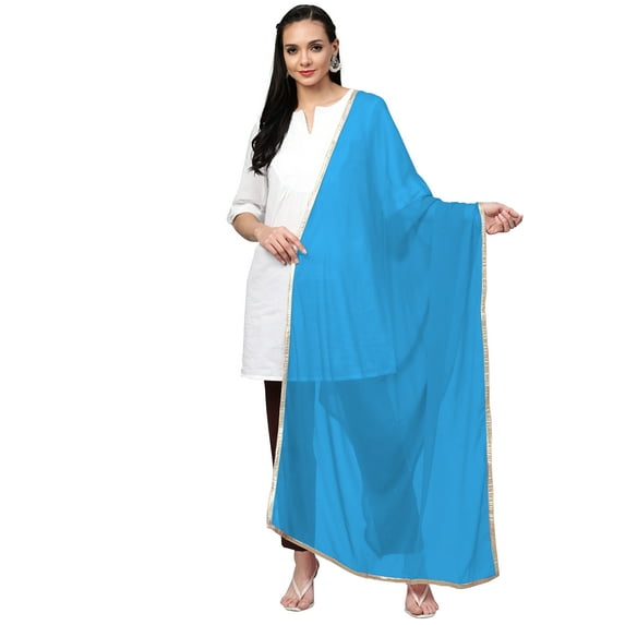 eloria Women Georgette Dupatta With Lace Shawl Wrap Neck Scarves, Color : Sea Blue