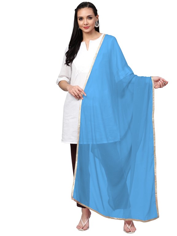 eloria Women Georgette Dupatta With Lace Shawl Wrap Neck Scarves, Color : Sky Blue