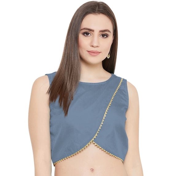 eloria Women Round Neck Sari Top Blouse Casual Short Sleeve With Triangle Lace, Art Silk Color : Grey 2, SIZE : 42
