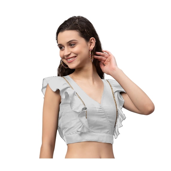 eloria Women Ruffle Sleeveless Saree Blouse V Neck Summer Casual Sari Top Color : Light Grey, SIZE : 38