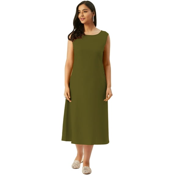 eloria Women Tunic Top Maxi Sleevless Round Neck Casual Dress Color : olive Green Size : L