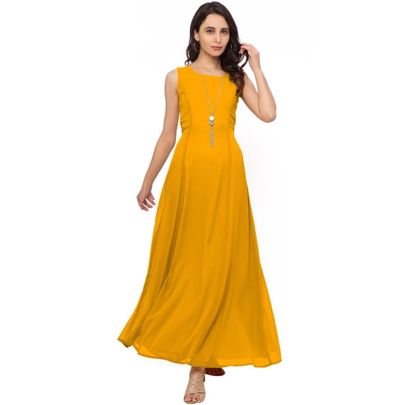 eloria Women's Ankle Length Dress Princess Cut A-line Sleeve Less Strip Dress Size: L | Color: Dark Yellow