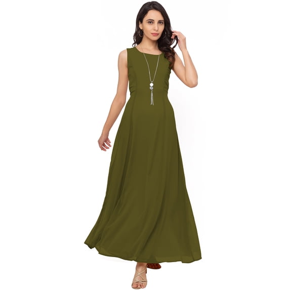 eloria Women's Ankle Length Dress Princess Cut A-line Sleeve Less Strip Dress Size: L | Color: Olive Green