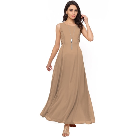 eloria Women's Ankle Length Dress Princess Cut A-line Sleeve Less Strip Dress Size: XS | Color: Beige