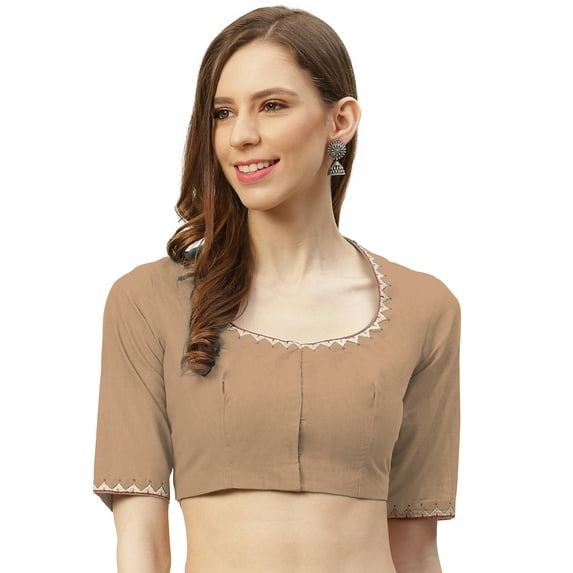 eloria Women's Art Silk Blouse Embroidery Designs Short Sleeve Top Sari Accessories Color: Tan | Size: 34