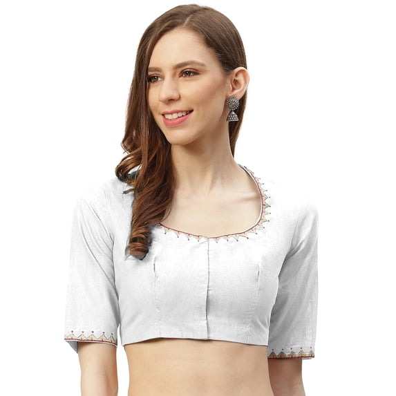 eloria Women's Art Silk Blouse Embroidery Designs Short Sleeve Top Sari Accessories Color: White | Size: 44